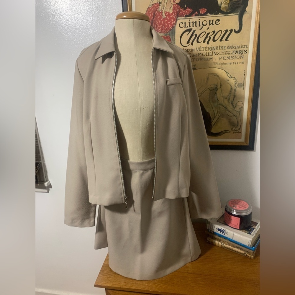 Byer Too Vintage 90s Oatmeal Zip-Up Jacket Mini Skirt Suit Retro Career Wear 11